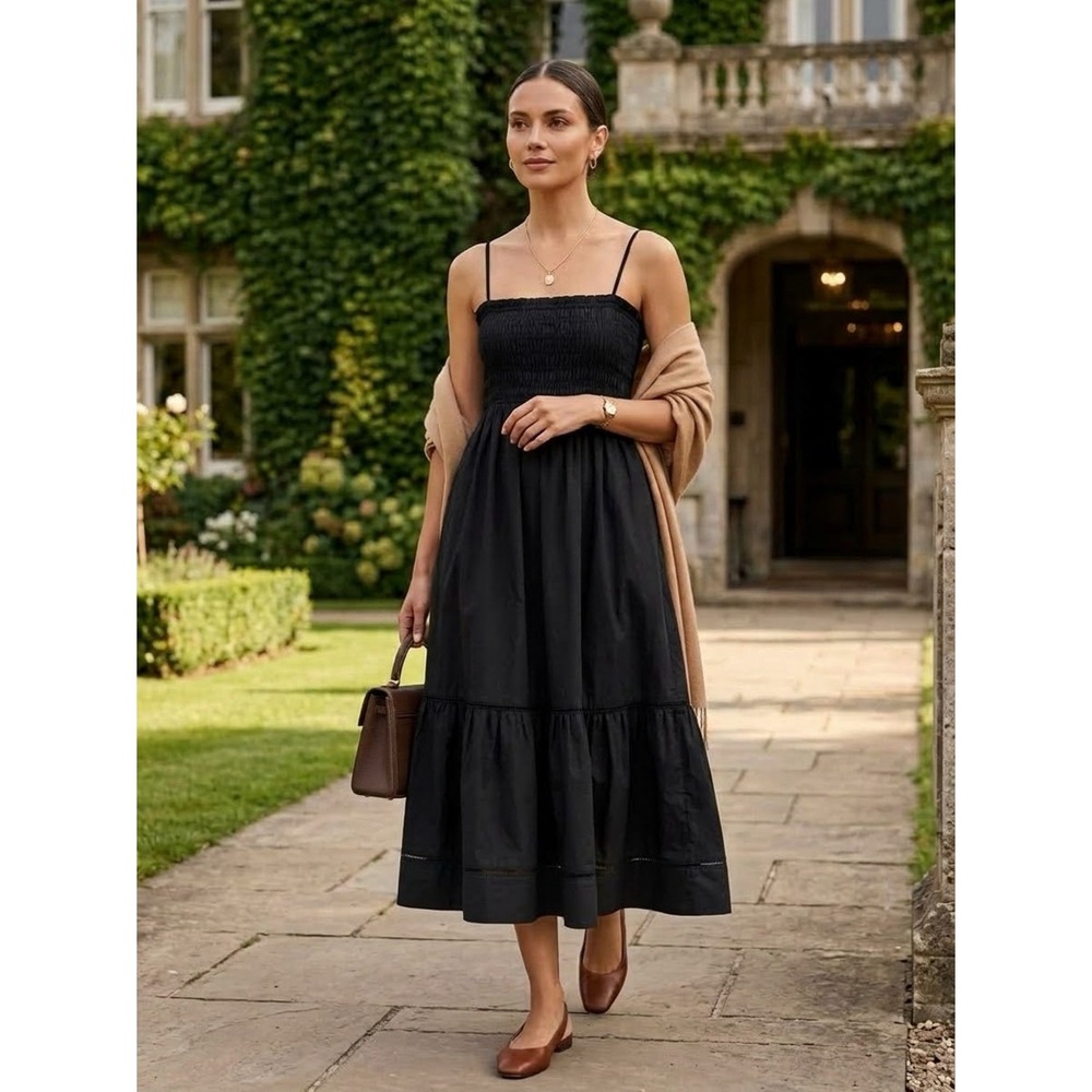 Anthropologie o.p.t Black Smocked Tiered Cotton Midi Dress M Neutral Elevated
